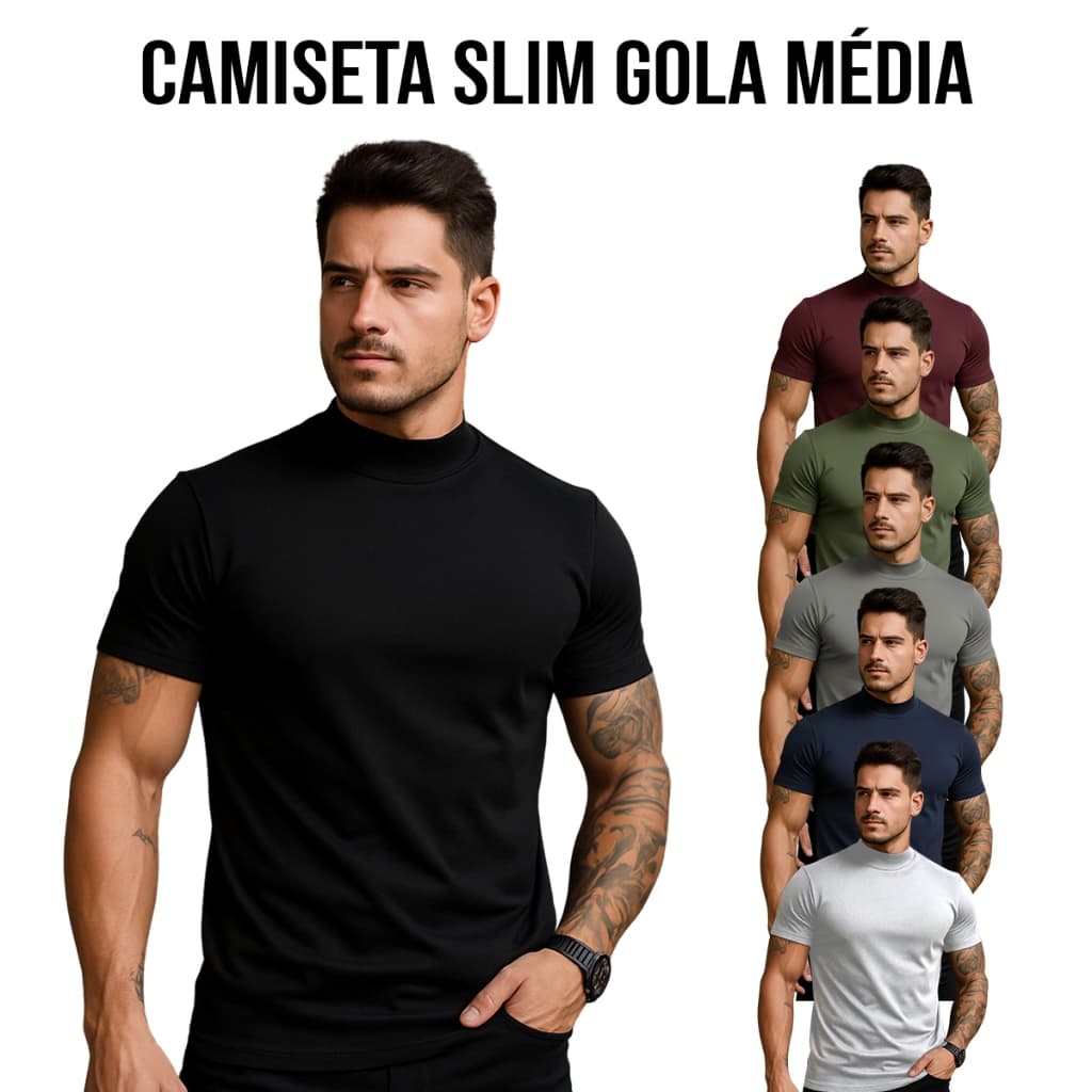 Camiseta Masculina Slim Fit Gola Média Básica Algodão Premium Casual Elegante Confortável