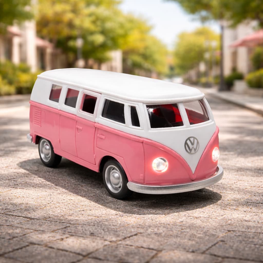 Kombi Rosa Miniatura 1:32 com Fricção | Abre Portas | Pneus de Borracha | Com Luz e Som | Colecionável