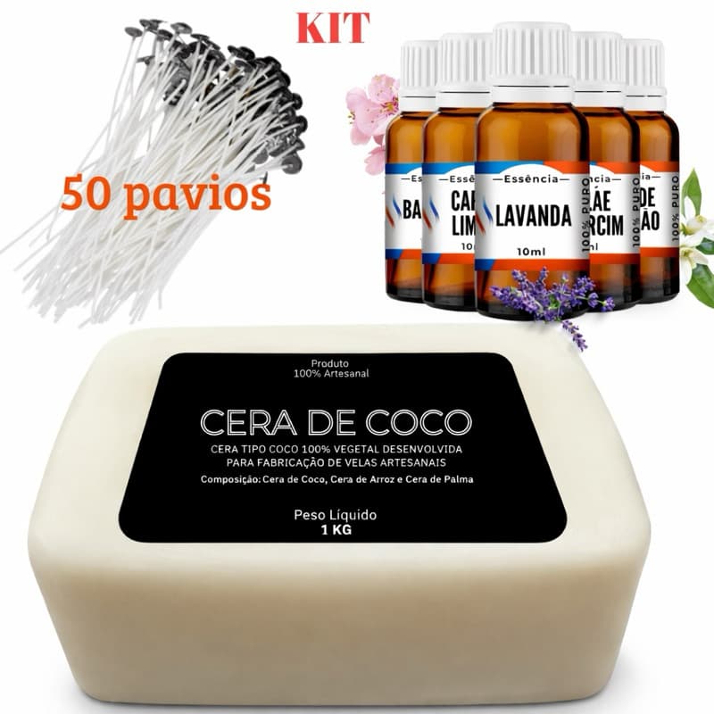 Cera de coco 1kg  + Essência  Premium 10ml + 50 Pavios para velas