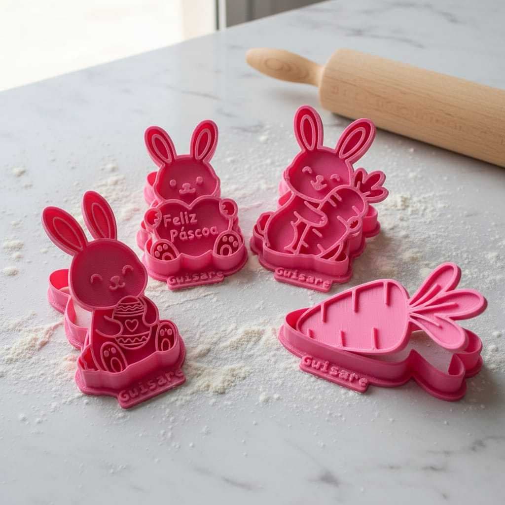 Cortador de Biscoito Páscoa com Puxador – Kit Cortadores Temáticos para Confeitaria e Biscoitos Decorados