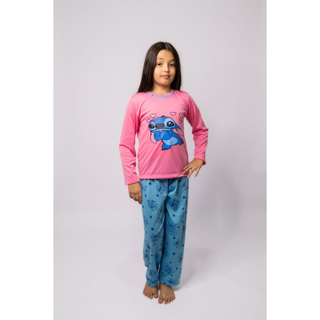 Pijama Stitch Infantil de Malha Inverno Estampado Manga Longa Calça Cumprida