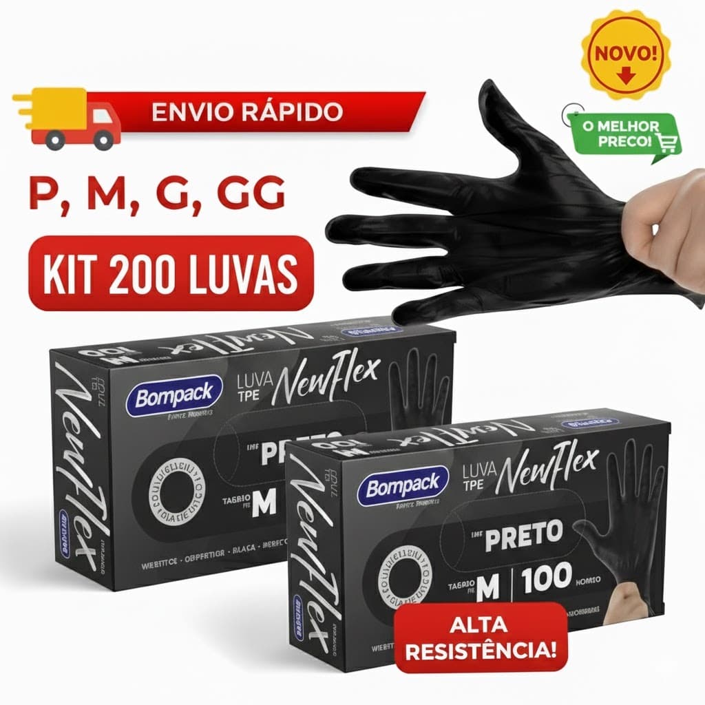 KIT 200 Luvas Preta Descartável Sem Pó TPE | Alta Resistência Cuidado Limpeza Alimentos