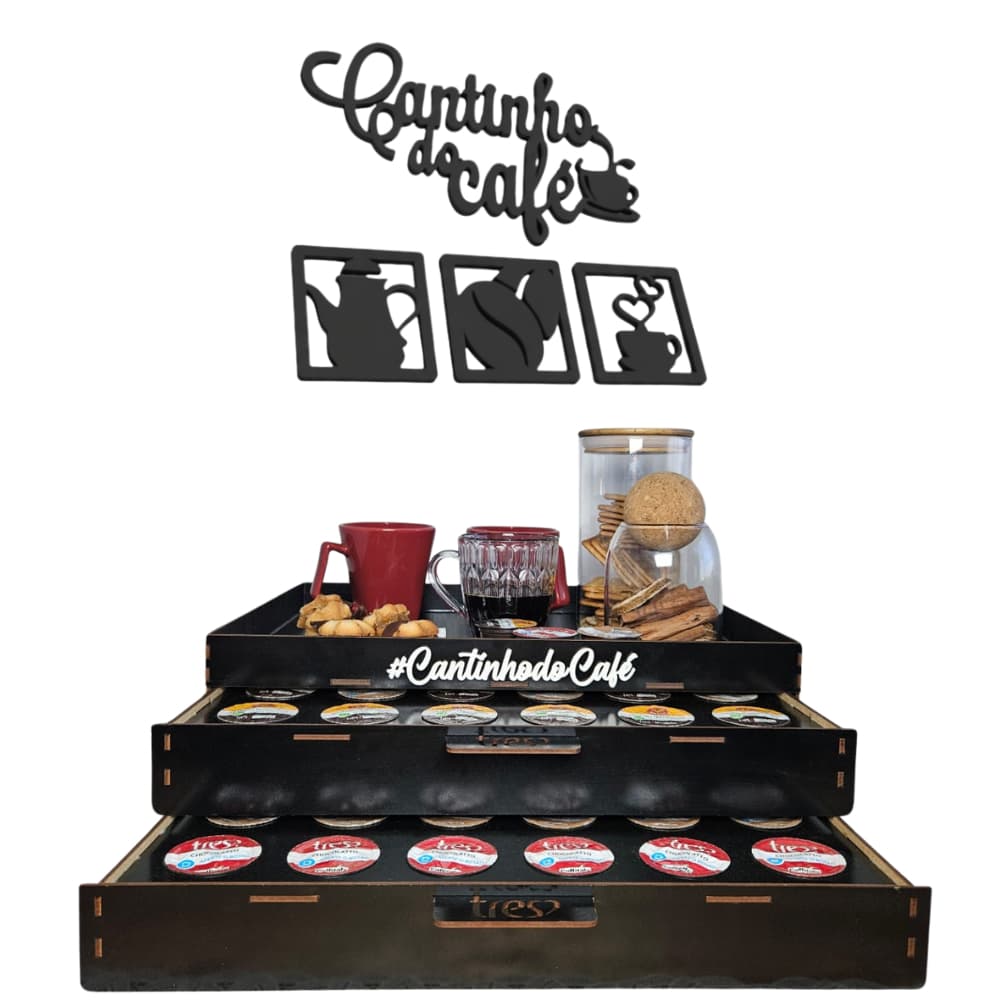 Bandeja Três Corações 48 Cápsulas Placa Cantinho do Café Organizador Suporte de Xícaras Preto