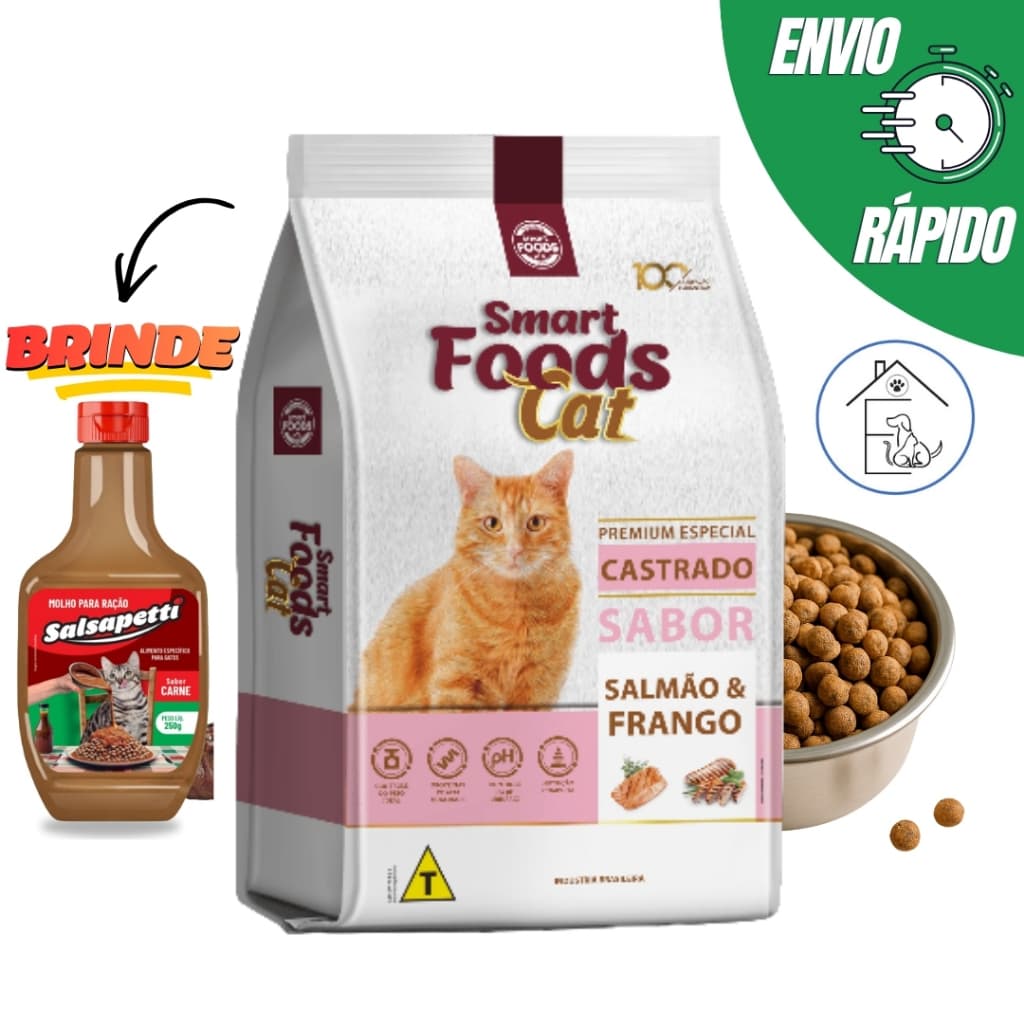 RAÇÃO SMART FOODS CAT ALIMENTO GATOS CASTRADOS 10,1KG SALMÃO&FRANGO + MOLHO CREMOSO SALSAPETTI 250G
