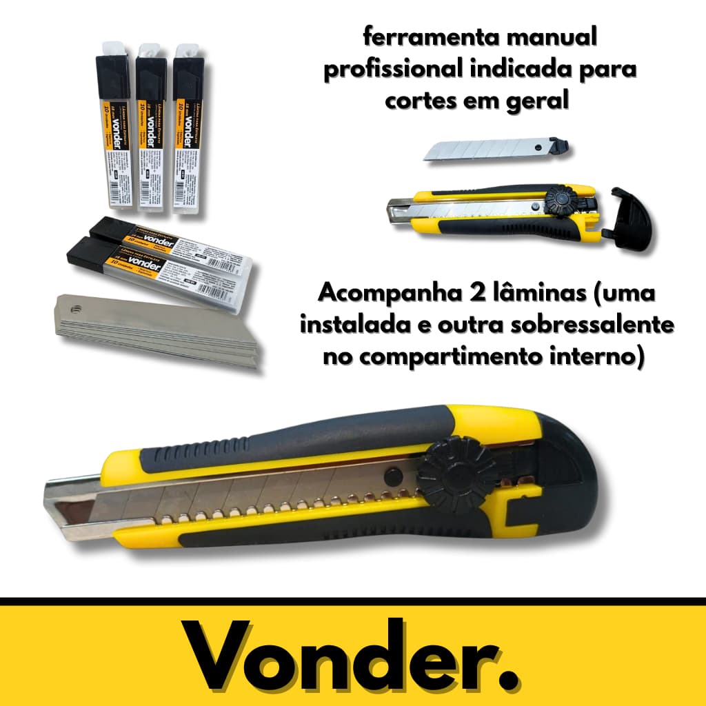 Estilete Profissional Emborrachado c/ trava 18mm c/ 2 Lâminas segmentada Tubetes 10 20 30 40 Lâminas