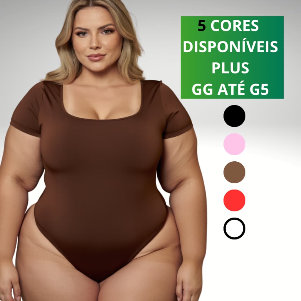 Body Feminino Plus Size GG a G5 Manga Curta Decote Quadrado Forro Duplo Verão Tendência Basico Blusa