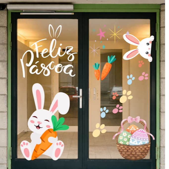 🐰 Adesivo Decorativo de Porta ou vitrine  – Feliz Páscoa  de 30 a 50 cm 🥕✨
