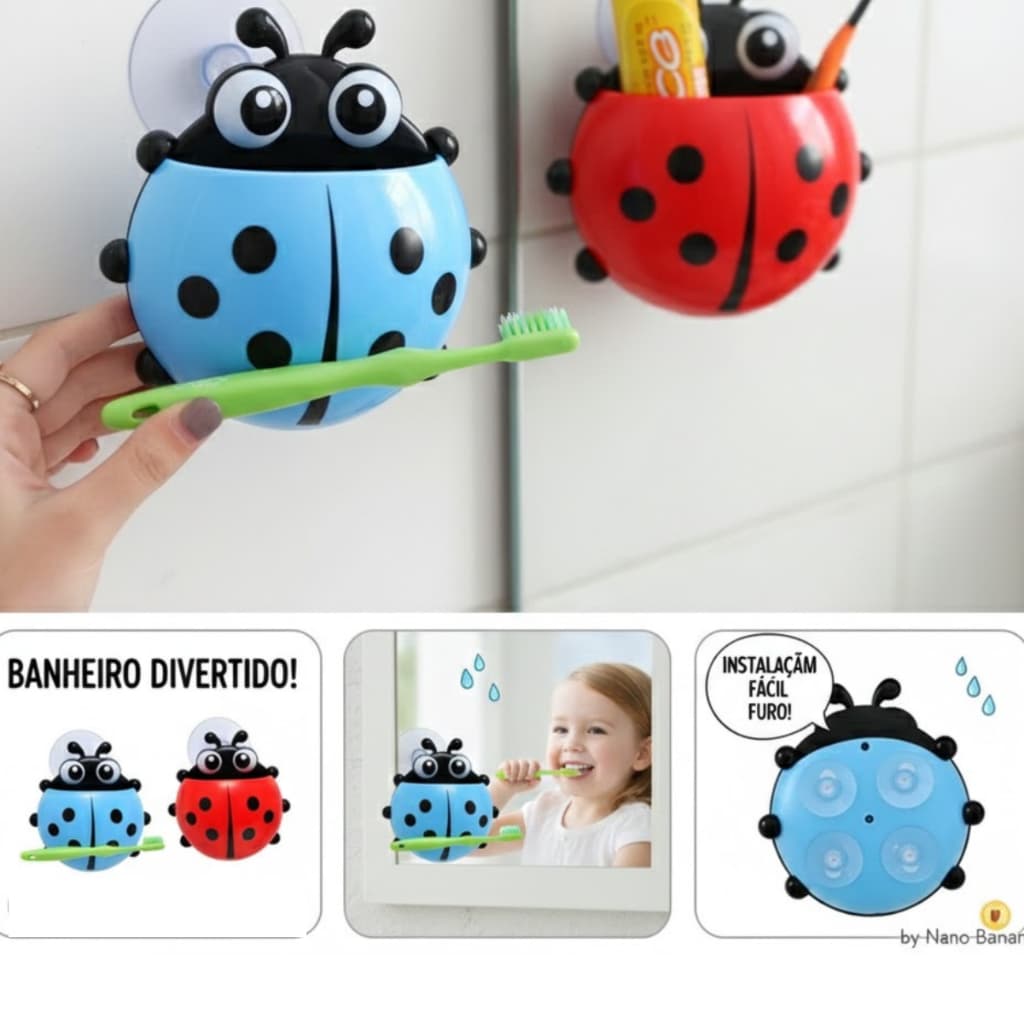 Porta Escova de Dente e pasta Suporte De Parede  Joaninha com Ventosa