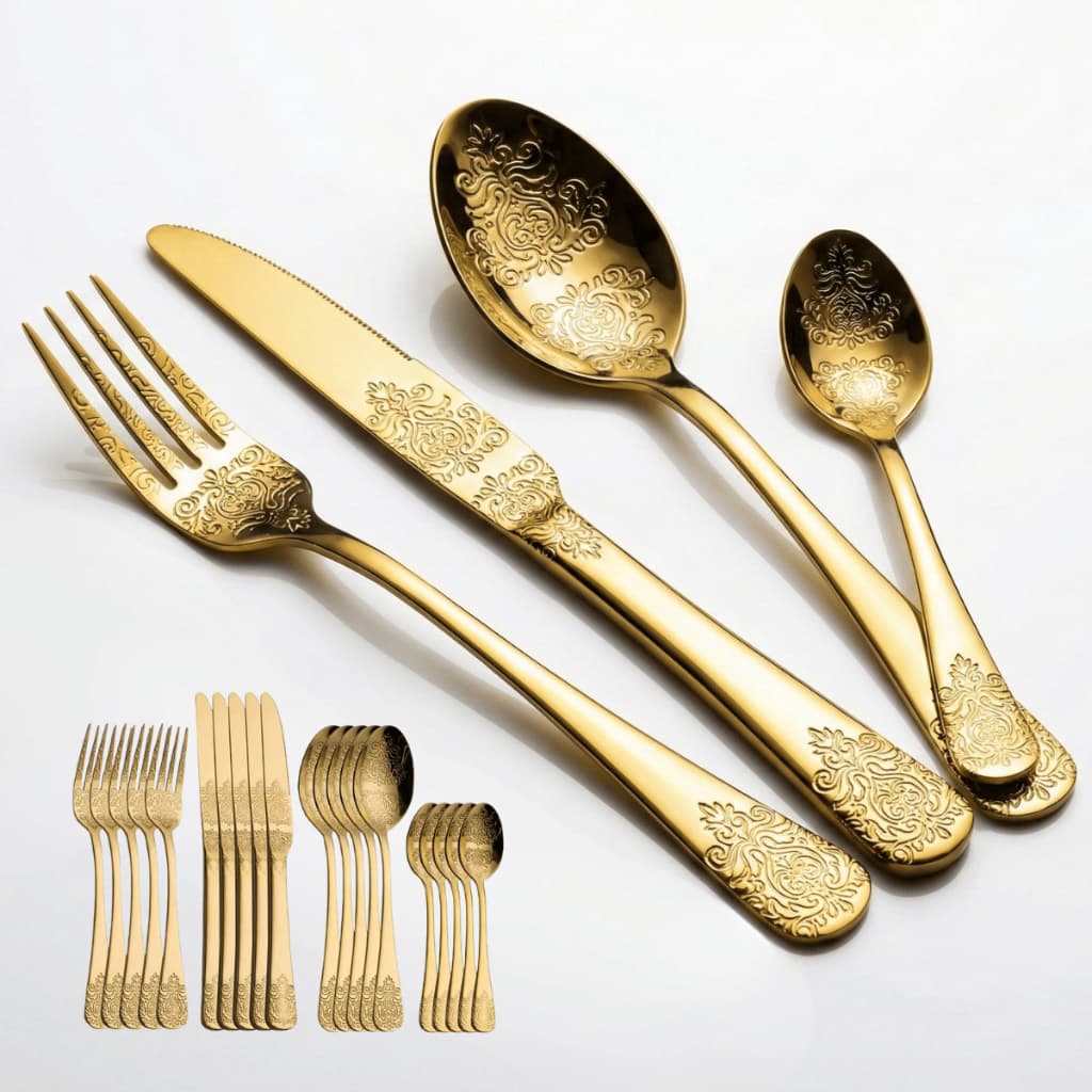 Conjunto de Talheres Dourado Luxo 24 Peças Aço Inox Premium Mesa Posta Desenhado
