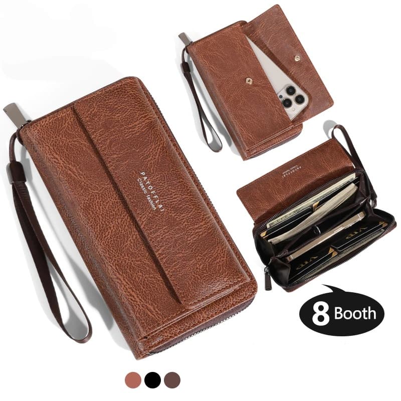 Carteira Masculina Longa com Zíper Grande Capacidade Múltiplas Ranhuras Bolsa para Celular Resistente