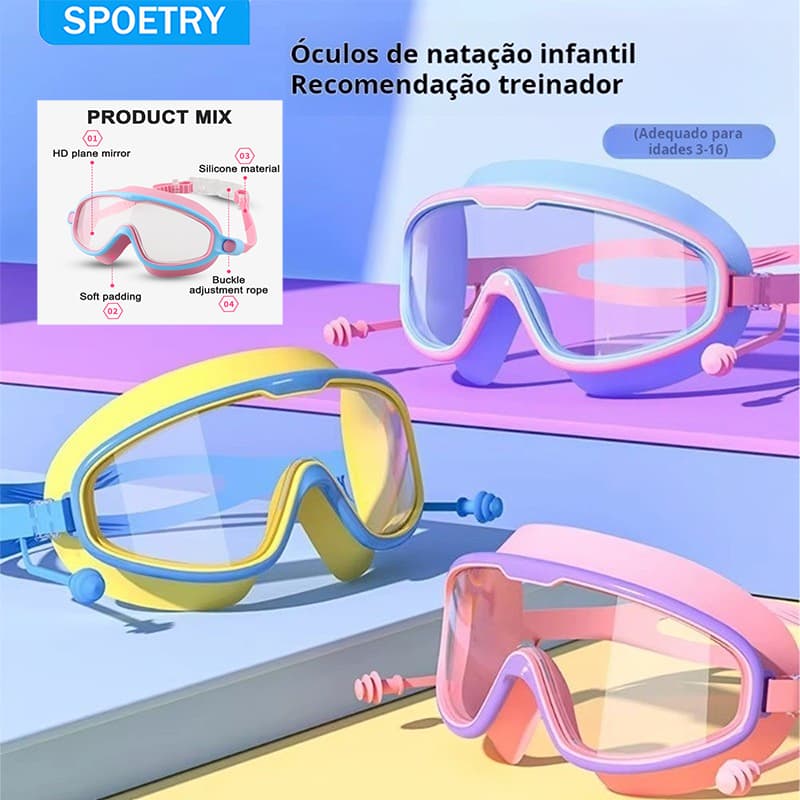 BR- Óculos De Natação Para Crianças Antiembaçante Óculos Natação Infantil Com Protetor Auricular HD Óculos Natação