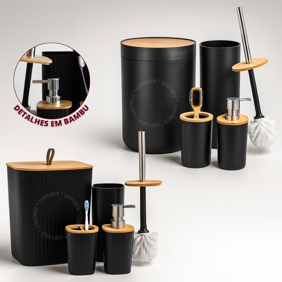 Kit Banheiro Em Bambu Com Lixeira Tampa Detalhes  Luxo
