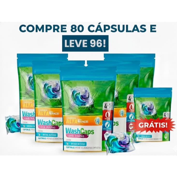 Kit Pague 80 e leve 96 Cápsulas Washcaps Perfume Delicado Suave Lava Roupa Em Cápsula 352g