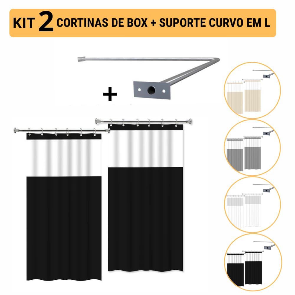 Kit Cortina de Box Dupla PVC Antimofo + Suporte Varão em L Alumínio Resistente Banheiro