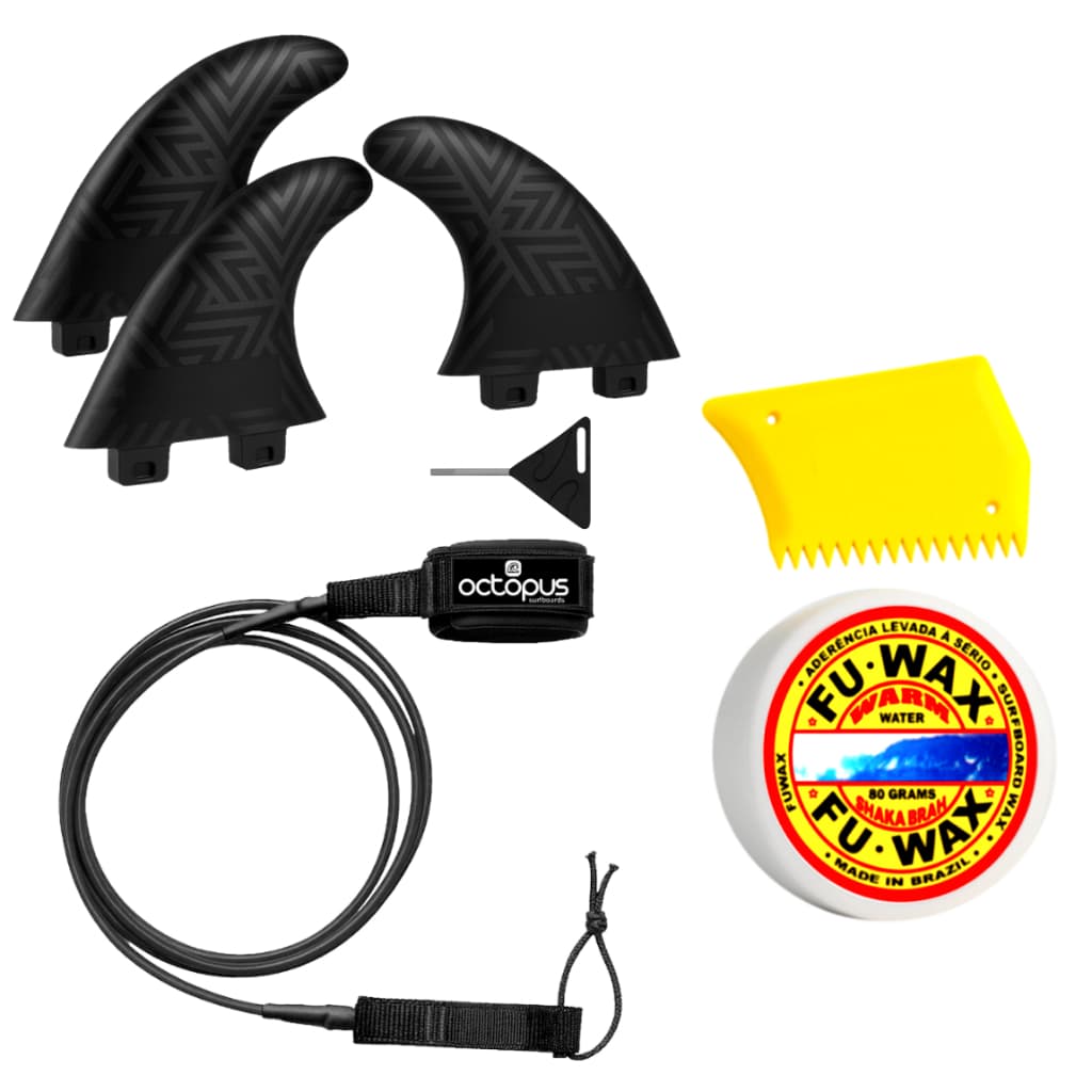 Quilhas Surf M3 + Leash Surf 6´x 6,5mm + Parafina 80 gr + Raspador
