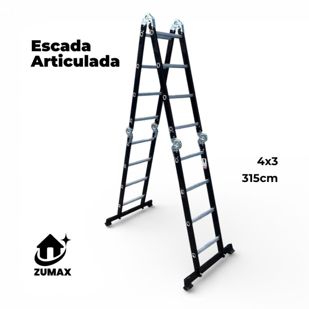 Escada Profissional  Articulada 4x3 com 12 Degraus 3,15m Black Edition- Zumax