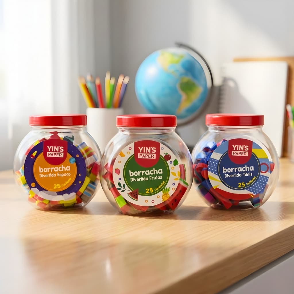 Borracha Divertida Escolar, Frutas, Espaço, Tênis, 25 Unidades, c/ potinho, infantil, papelaria,