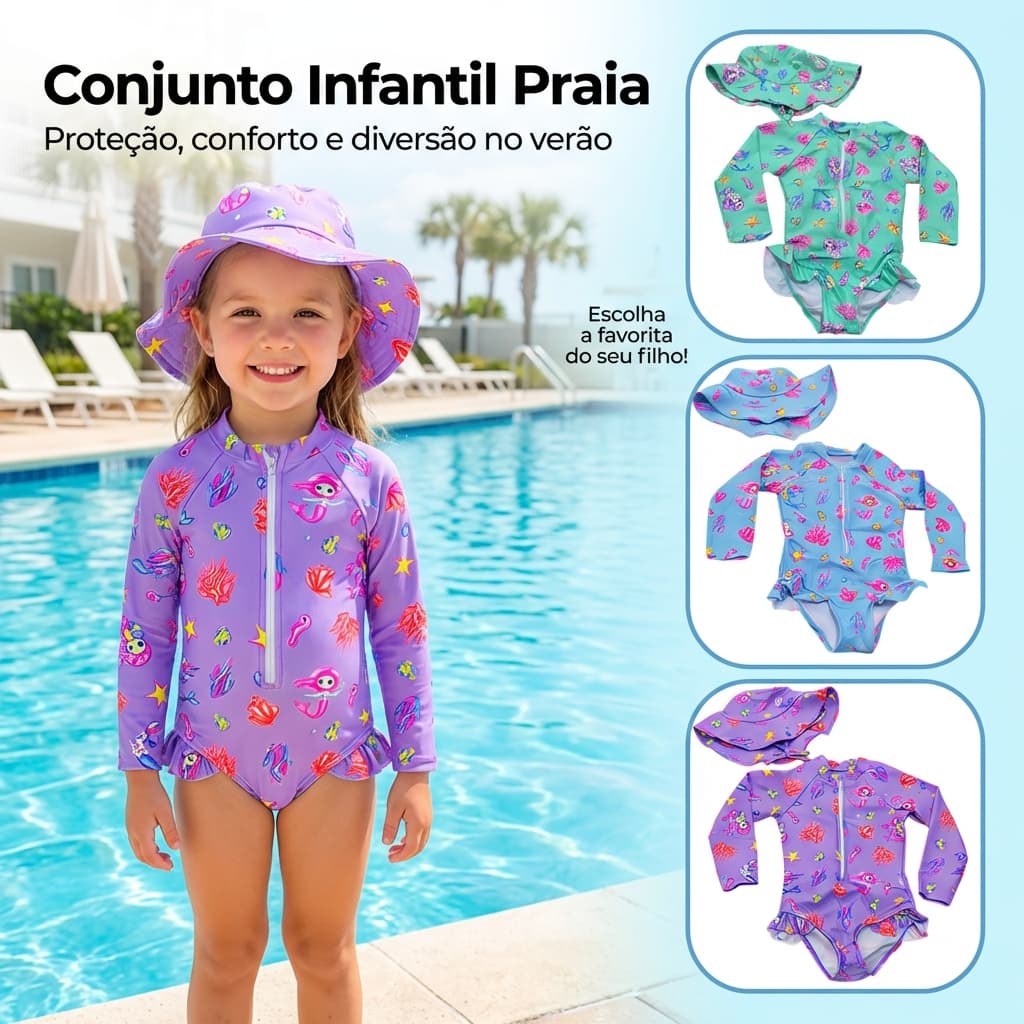 Biquini Infantil Com Camiseta Proteção Uv 50+ Com Chapéu Piscina