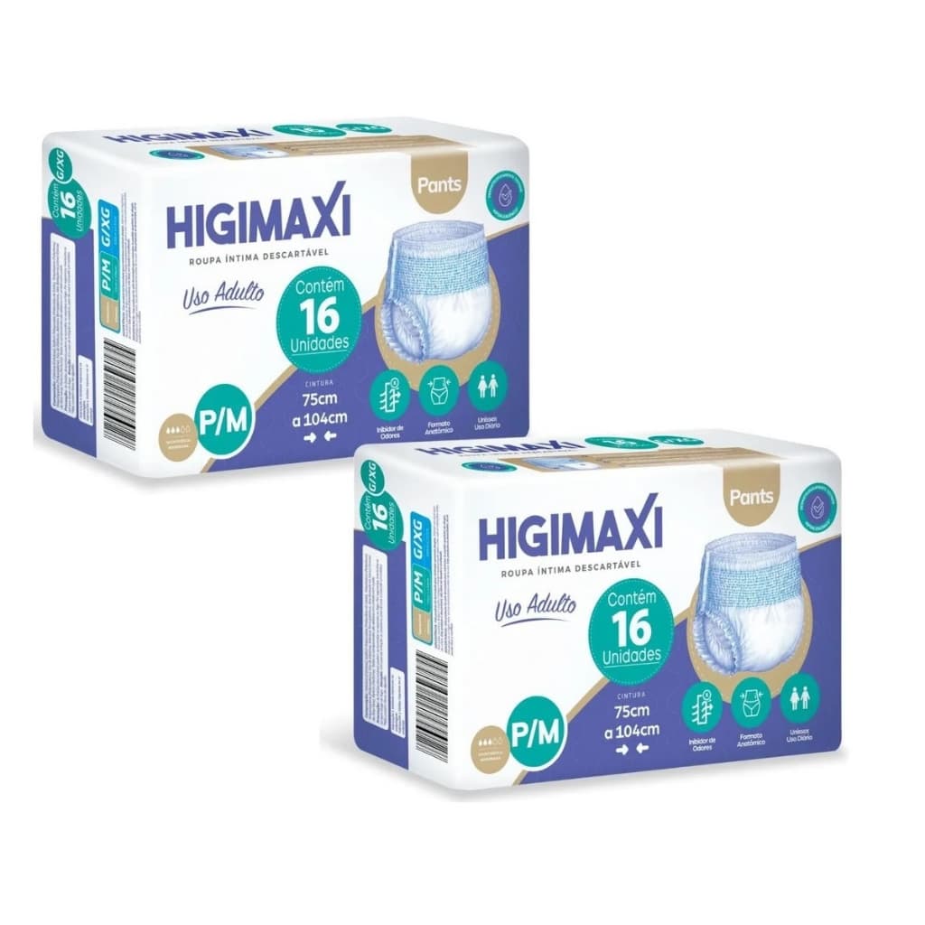 Kit 2ptes Roupa Íntima Descartável Higimaxi  P/M 16un cada - Total 32un