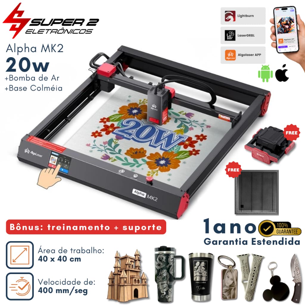 Kit Máquina a Laser AlgoLaser Alpha MK2 20W Grava e Corte Precisa 40x40mm + Suporte e Treinamento