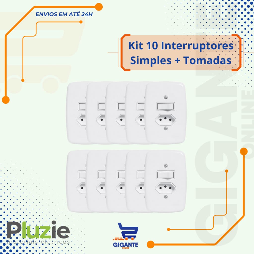 Kit 10 Interruptor Simples + Tomada 10A 2P+T Pluzie