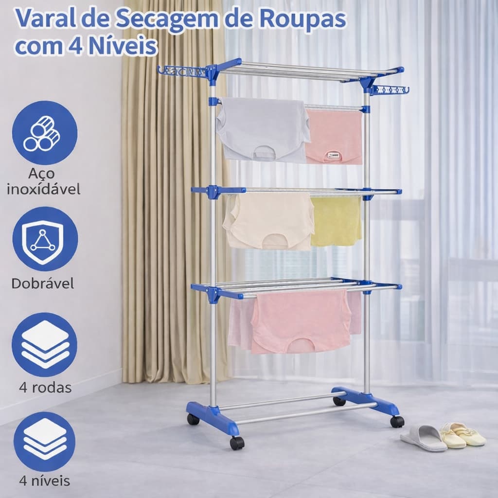Varal de Chão de Roupa Dobrável 3 andares com rodinhas