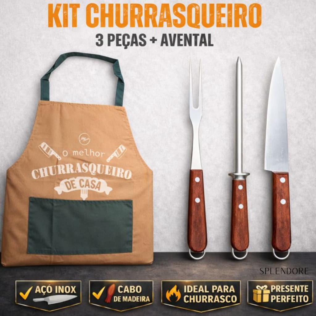 Kit Churrasqueiro 3 Pcs Avental Corte Churrasco Cozinha Faca Afiador Chaira Garfo Inox Cabo Madeira