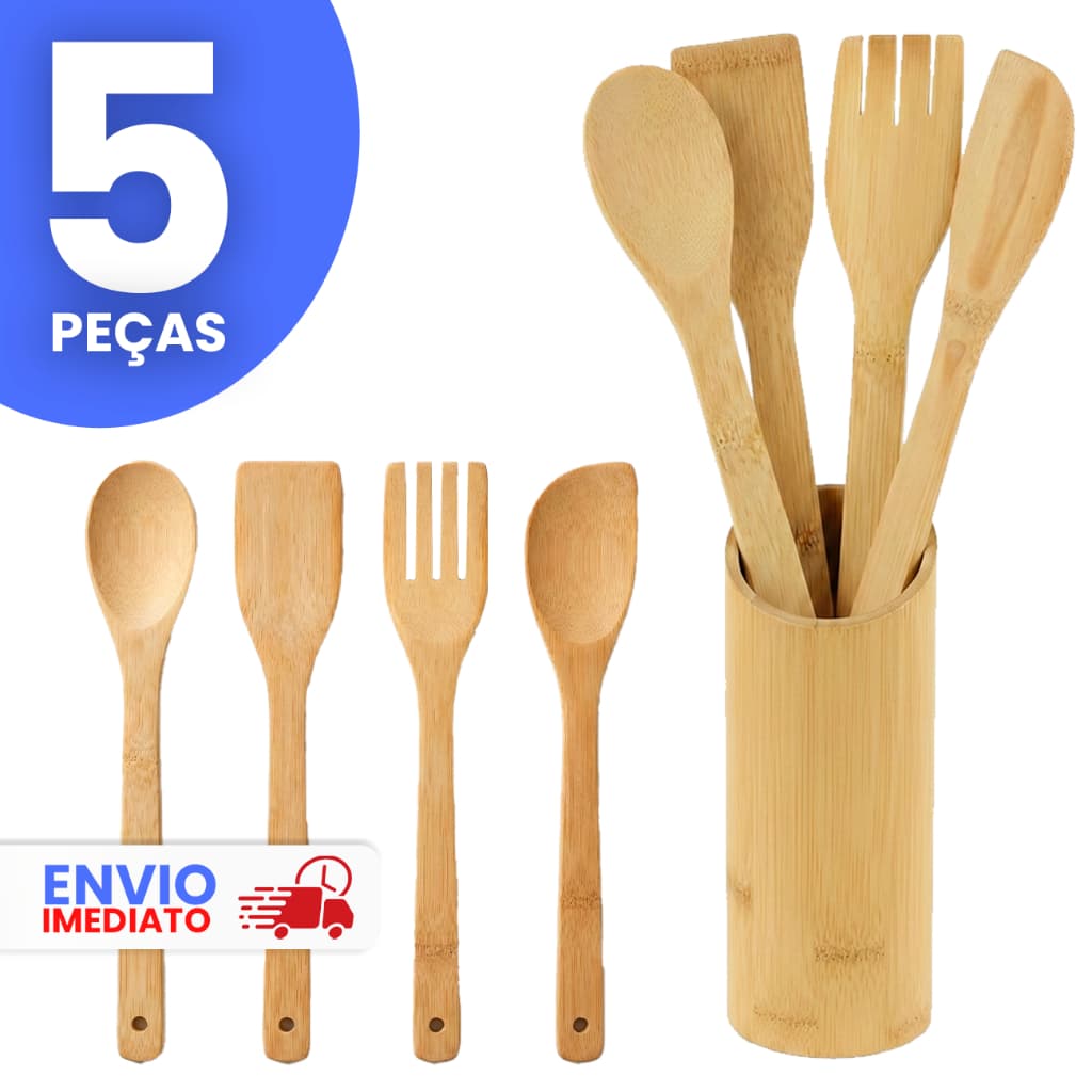 Kit 05 Utensílios de Bambu com Suporte Cozinha Natural e Sustentável
