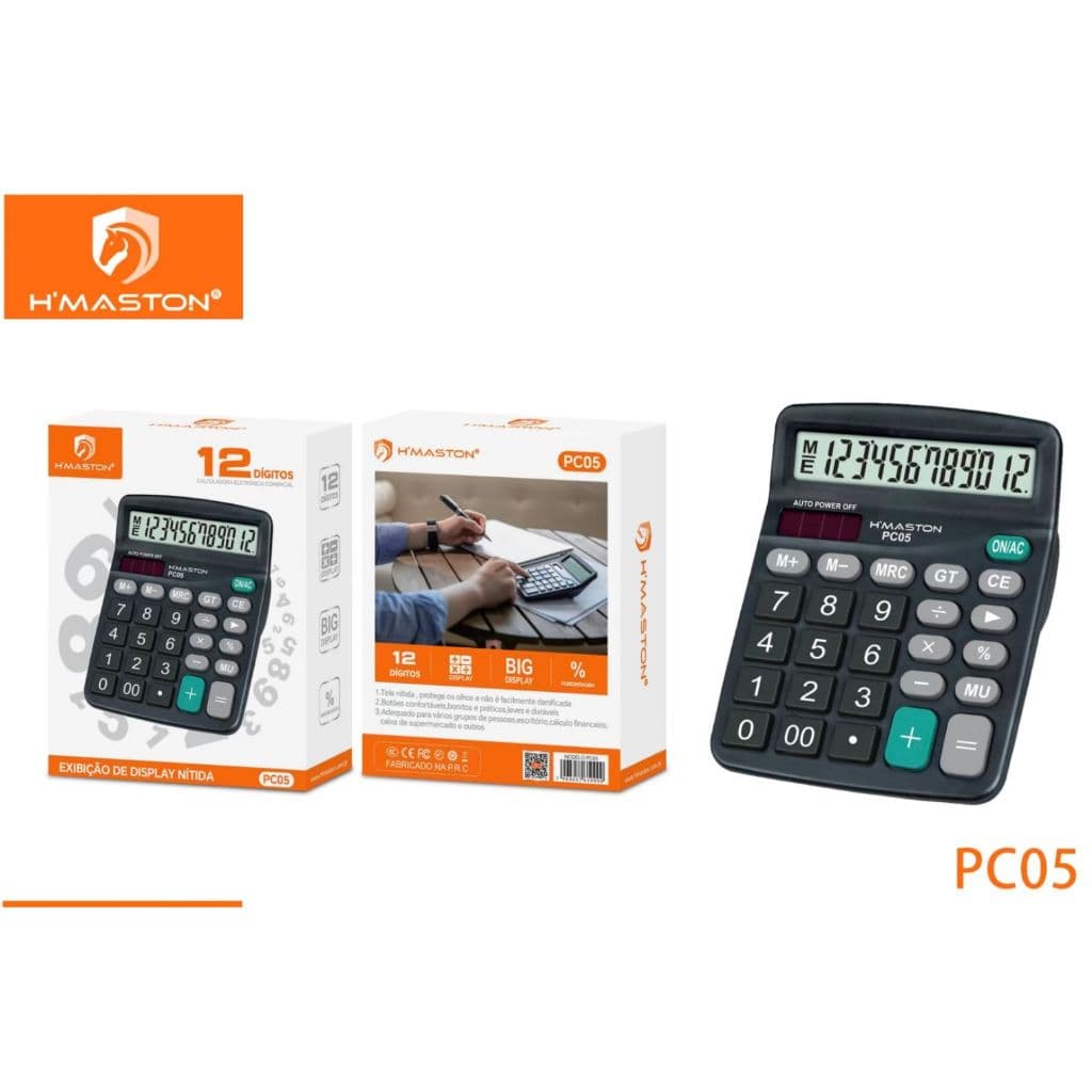 Calculadora Comercial PC05 HMASTON - 12 Dígitos, Display LCD Nítido e Funções de Memória!