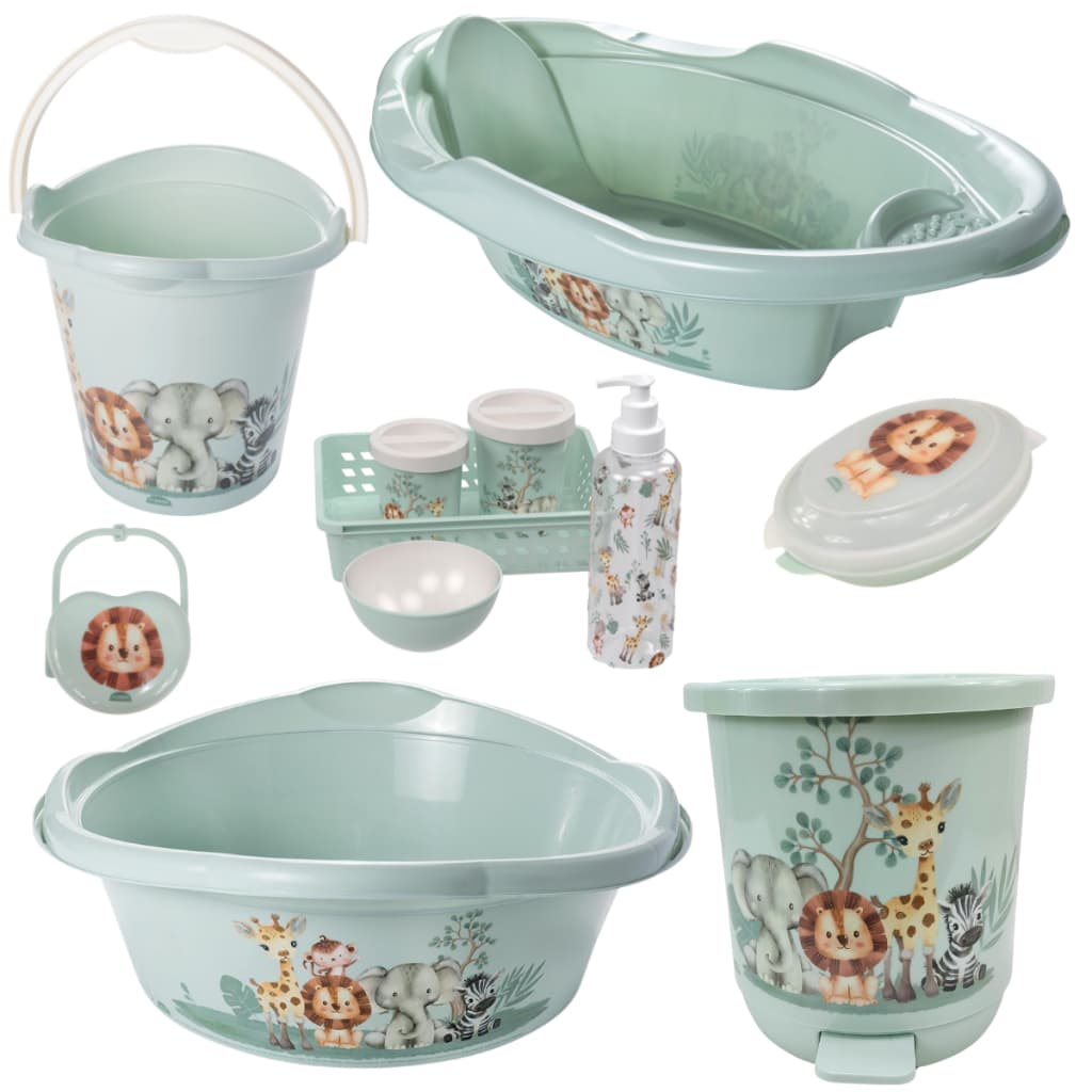 KIT BANHEIRA OU BACIA BEBÊ PLASUTIL + KIT HIGIENE 5 PEÇAS LIXEIRA BALDE SABONETEIRA E PORTA CHUPETA