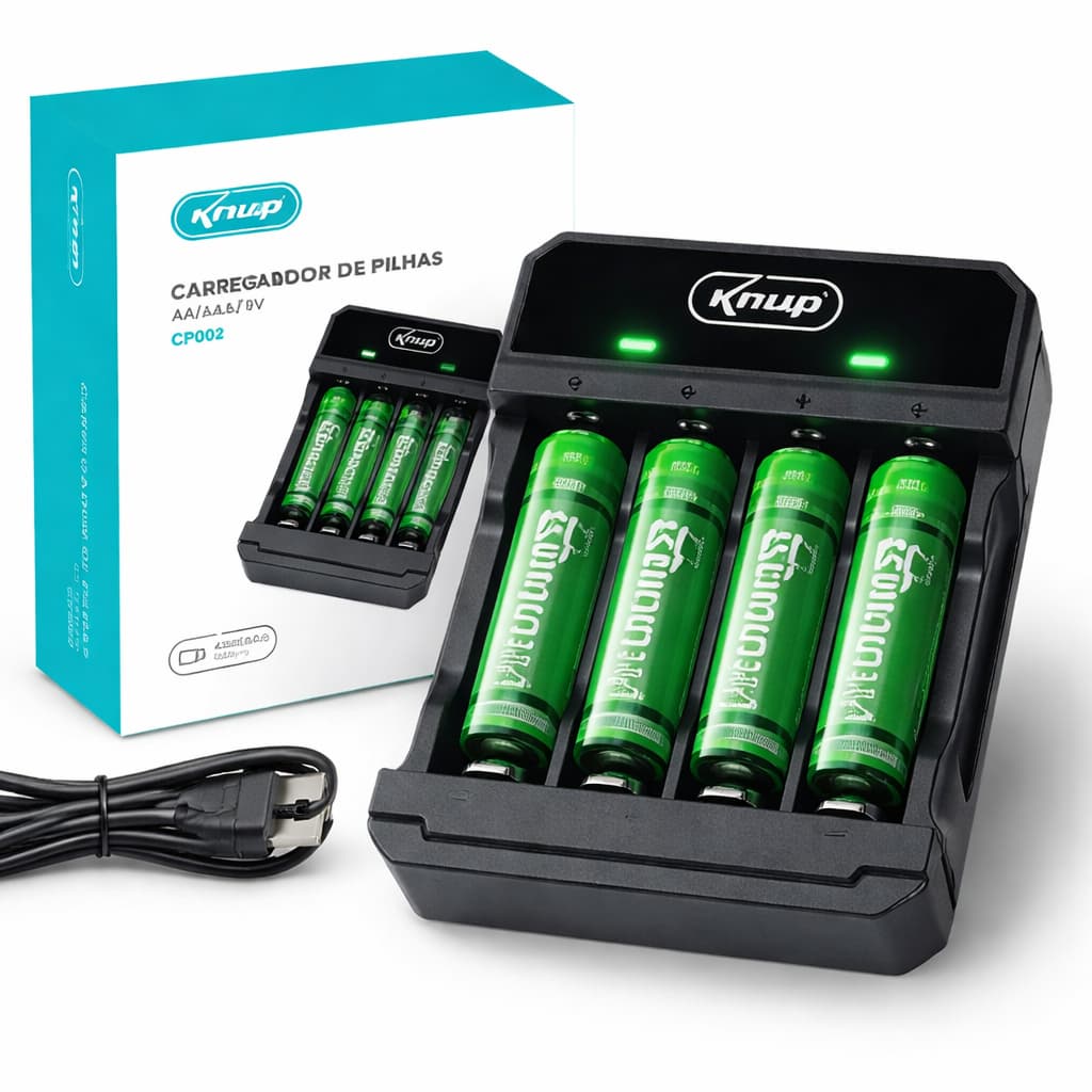 Carregador De Pilhas Recarregáveis AA/AAA/9V Usb KNUP - KP-CP602