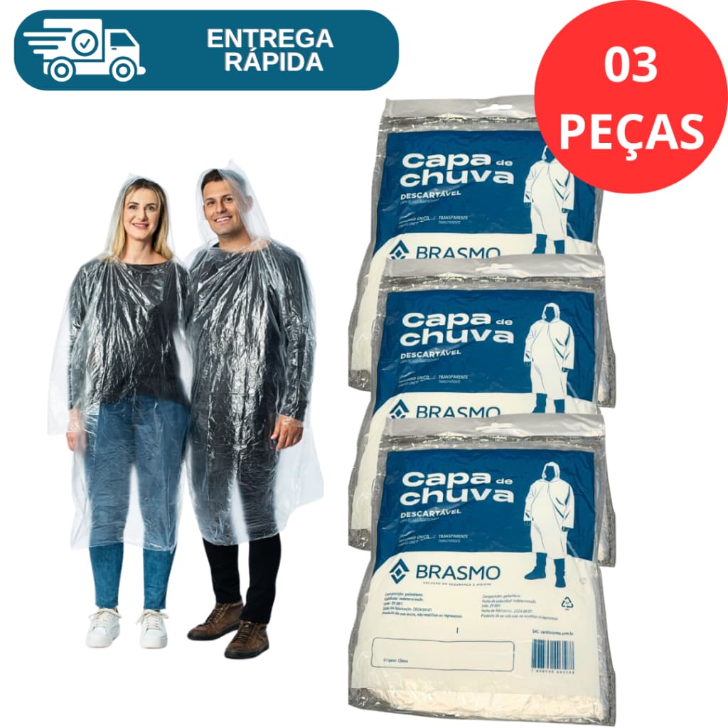 Kit 3 Capa De Chuva Descartável Transparente Incolor Unisex Proteção Eventos Pesca Camping Caminhada