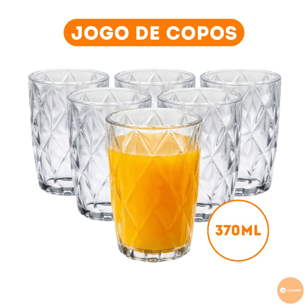 Jogo 6/12 Copos De Vidro Diamante Versátil Transparente 370ml