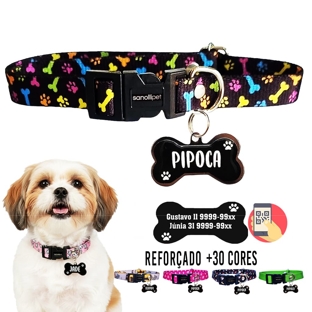 Coleira Mais Plaquinha De Identificação Para Cachorro Personalizada Tag Qr Code Nome Telefone