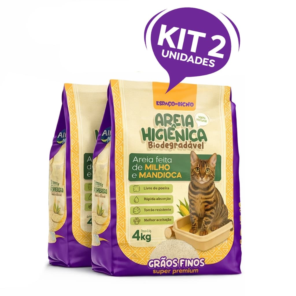 Kit 2 Areia Higiênica Biodegradável Grãos Finos Milho e Mandioca (100% Natural)