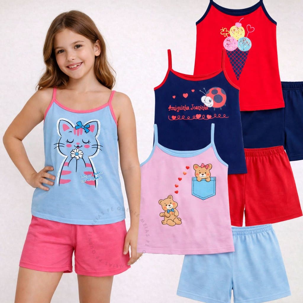 Conjunto Pijama de Alcinha Infantil 4 a 12 Anos Feminino Verão Confortável Estampado Regata Dormir