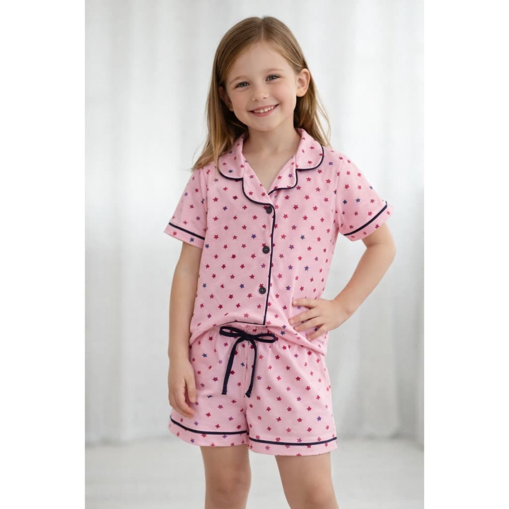 Pijama Americano de verão menina short doll com botões