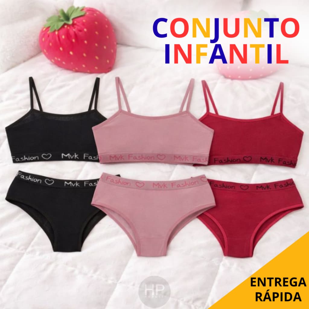 Kit 2/3/5 Conjunto Calcinha e Sutiã Sem Bojo Infantil Liso Algodão Sortido
