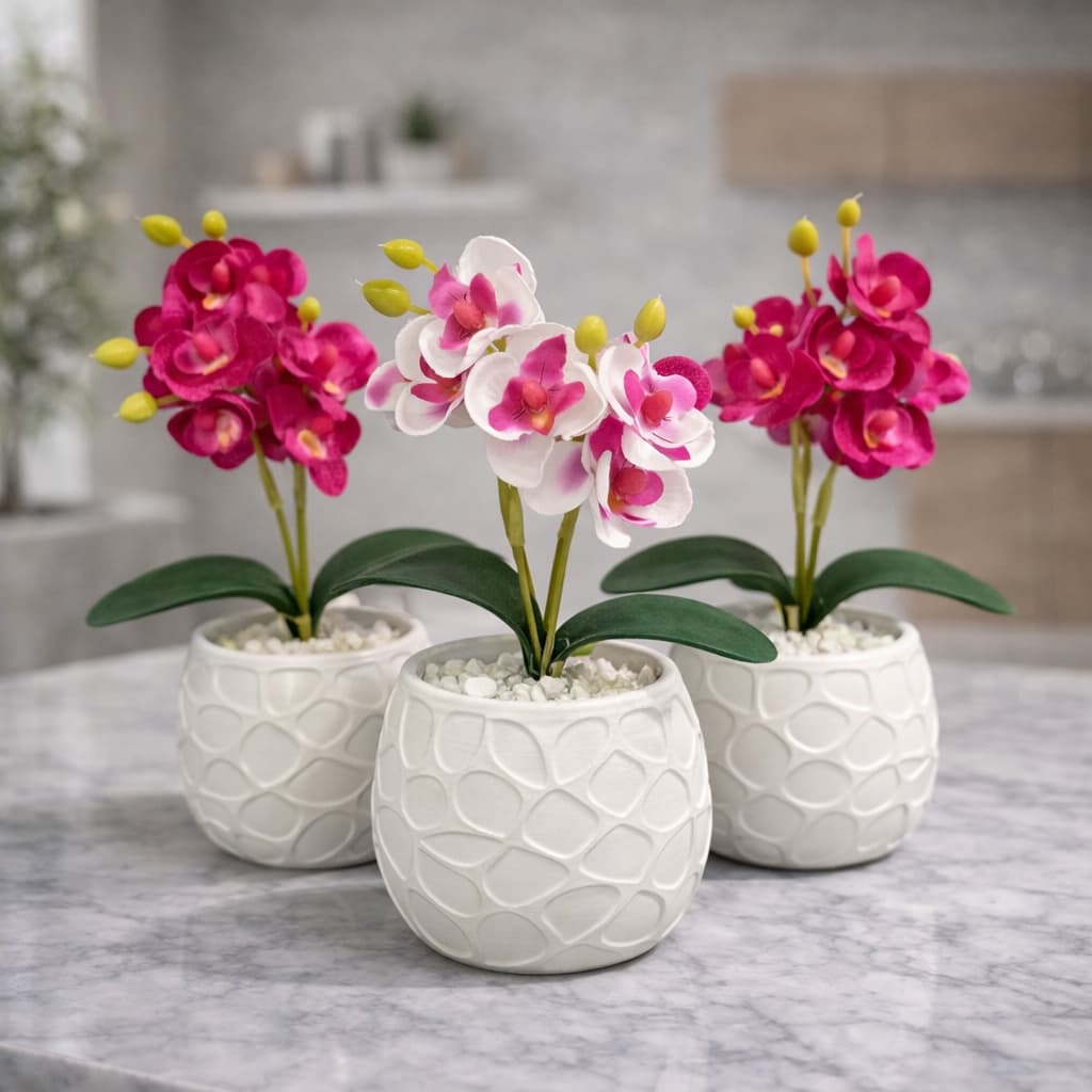 Vasos Decorativos com Orquídea Artificial em Gesso Cerâmico Branco para Sala, Escritório, Casa, Apartamento Decoração