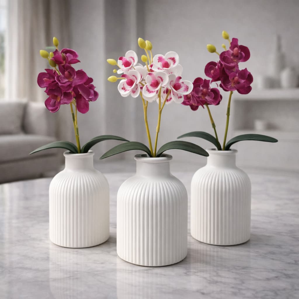 Vasos Decorativos com Orquídea Artificial em Gesso Cerâmico Branco para Sala, Escritório, Casa, Apartamento Decoração