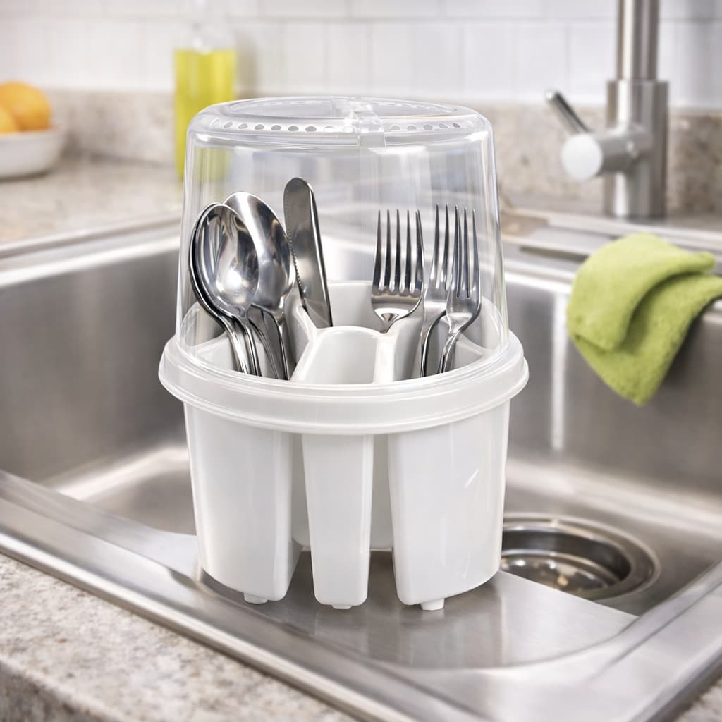 Escorredor e Porta Talheres com Tampa Incolor 4 Divisórias BPA Free: Organização e Higiene