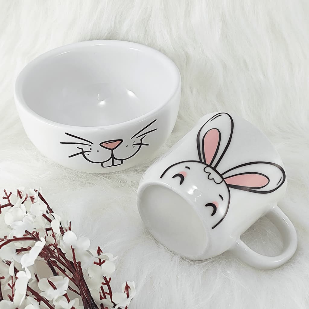 Kit Cumbuca Bowl Tigela  Porcelana 450ml + 1 Caneca Ágata de 200ml Feliz Páscoa