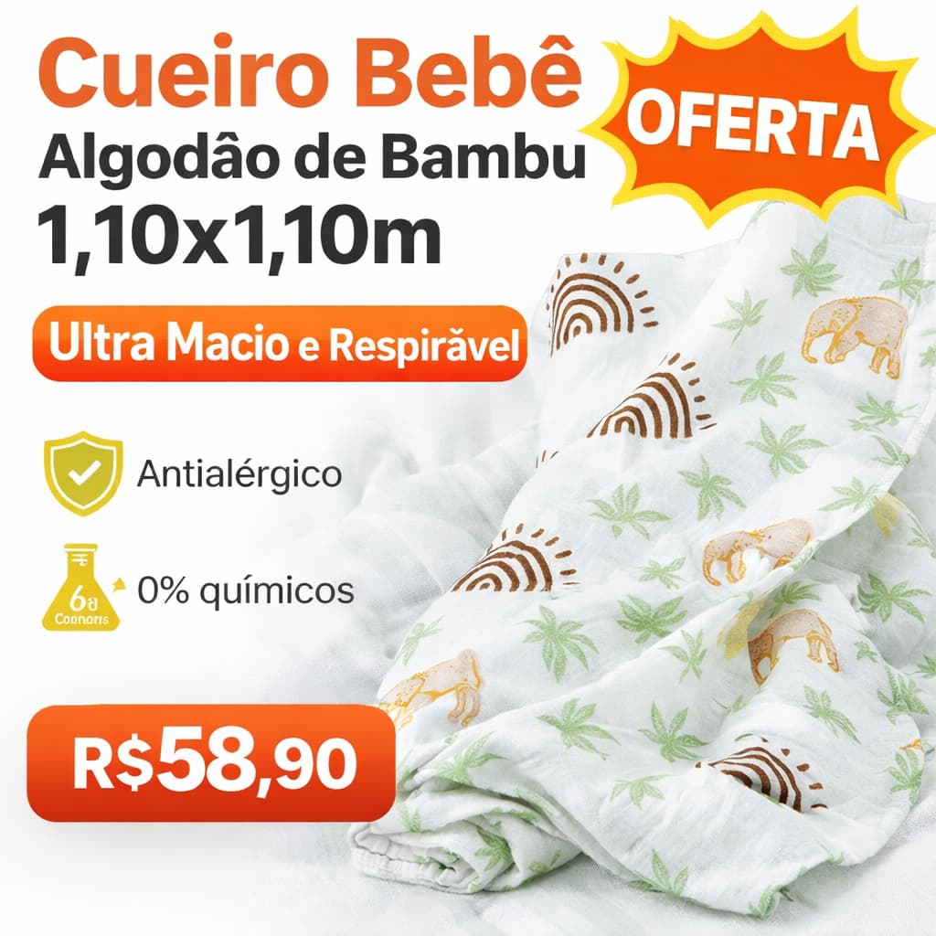 Cueiro Bebê Algodão de Bambu Extra grande Antialérgico Musselina 1,10x1,10m Ultra Macio e Respirável