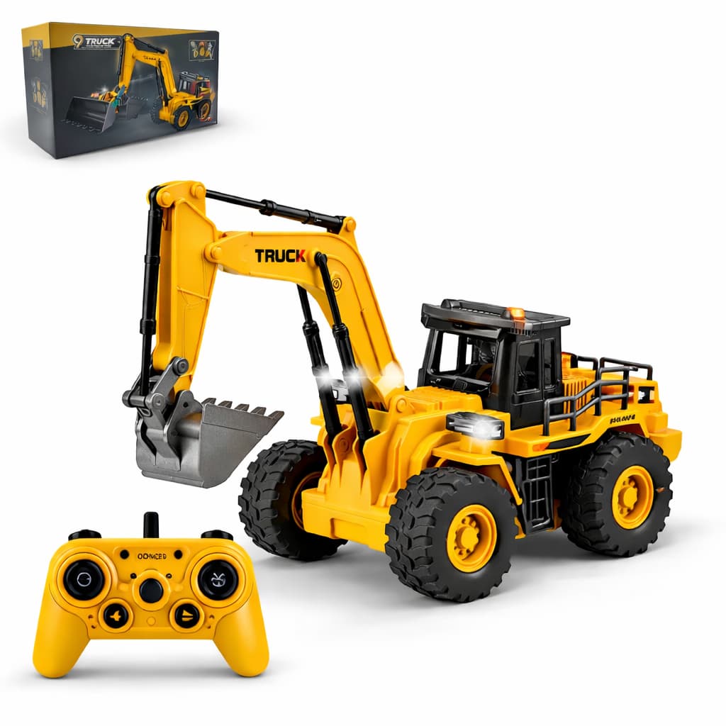 Brinquedo Maquina Escavadeira 9 Funções Canais Recarregável Controle Remoto Luz e Som Interativo