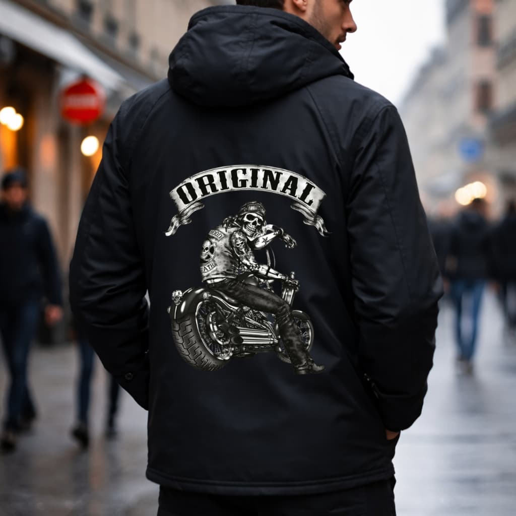 Jaqueta Corta Vento Impermeável Masculina Motoqueiro Caveira Gotica com Capuz Bolso Interno e Ziper