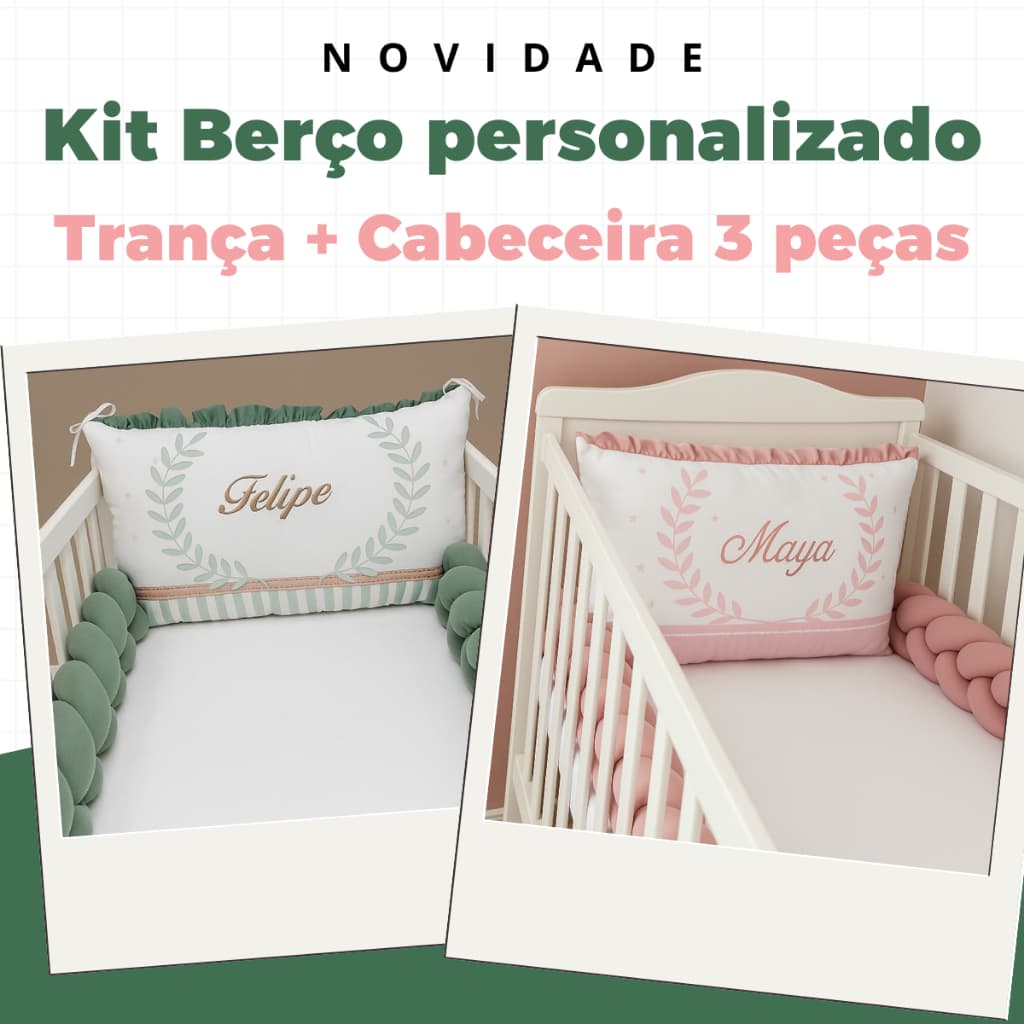 Kit Berço Americano personalizado 3 pçs Menino Menina Travesseiro c/ nome bordado + 2 tranças 1,30m
