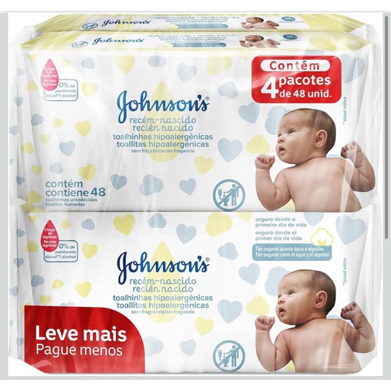 Kit 4 pacotes de Lenços Umedecidos Johnson's Baby Recém Nascido 48u cada