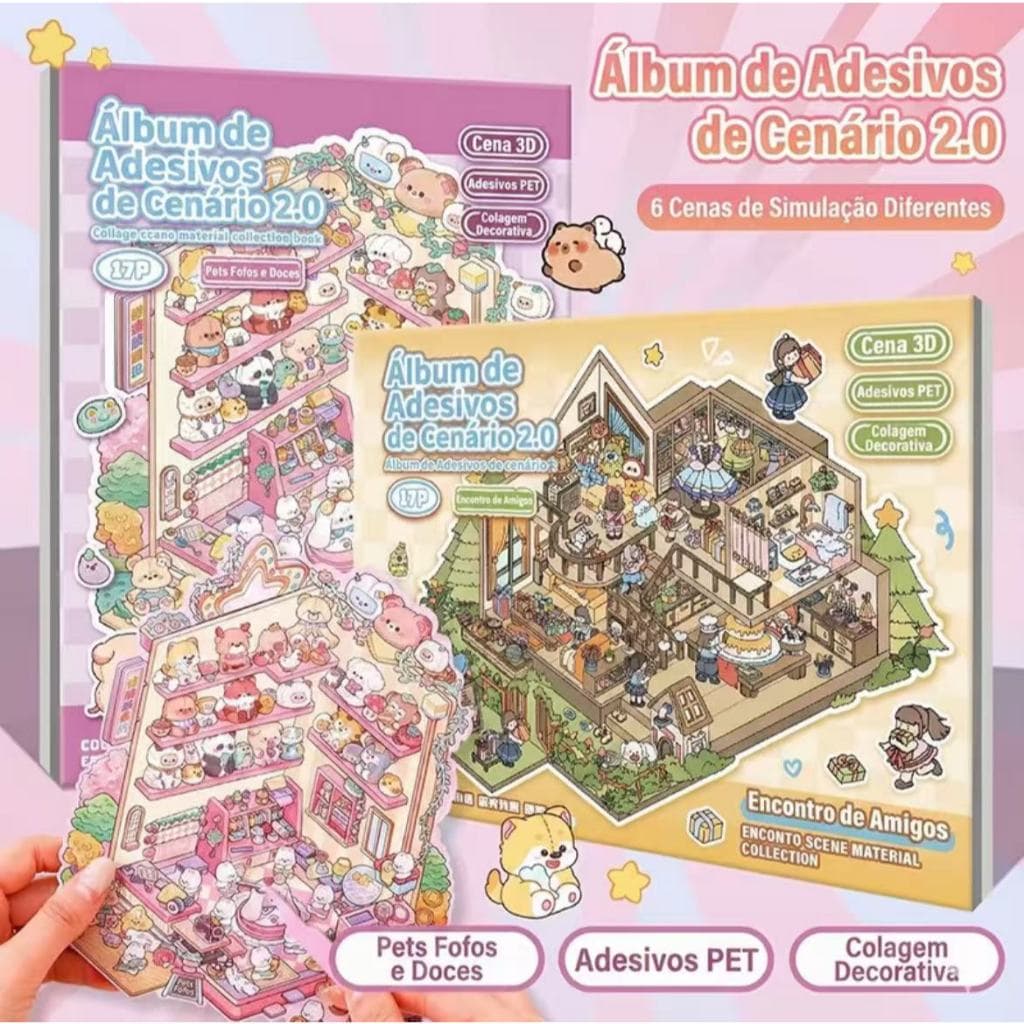 Livro Adesivos Diy 3d 8 Cenários + Pinça Fofos Anti Stress E Ansiedade