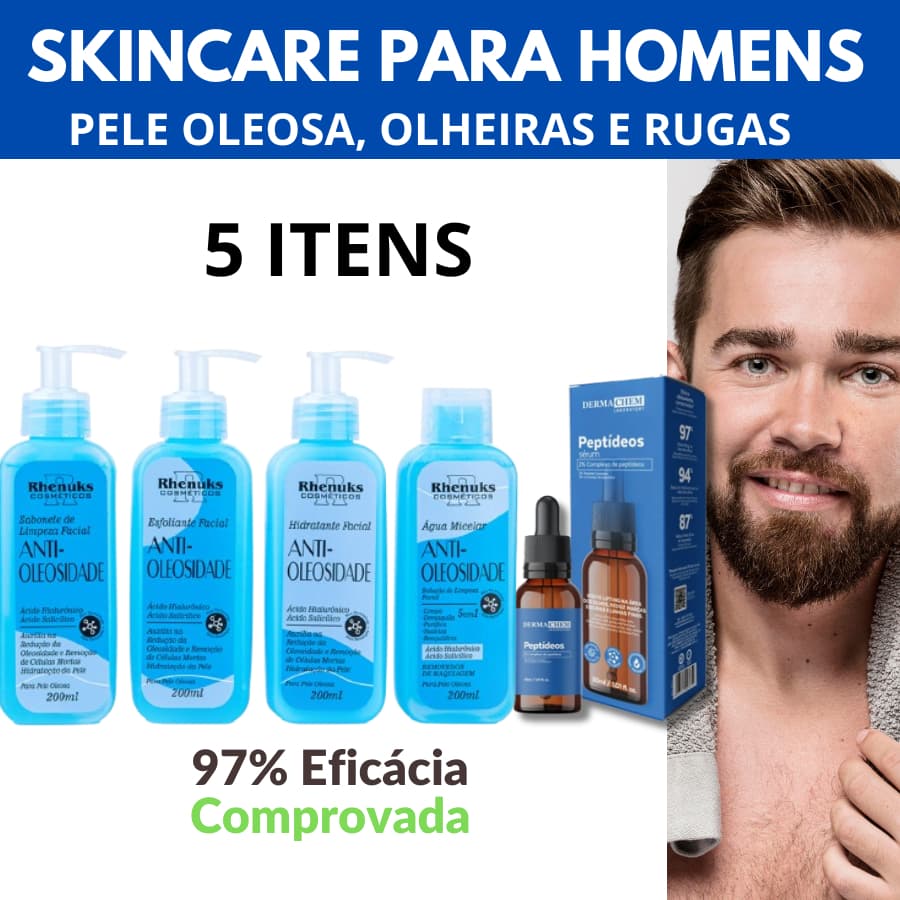 Kit Skincare Masculino Completo Anti Oleosidade + Sérum Anti Rugas e Olheiras - 5 ITENS