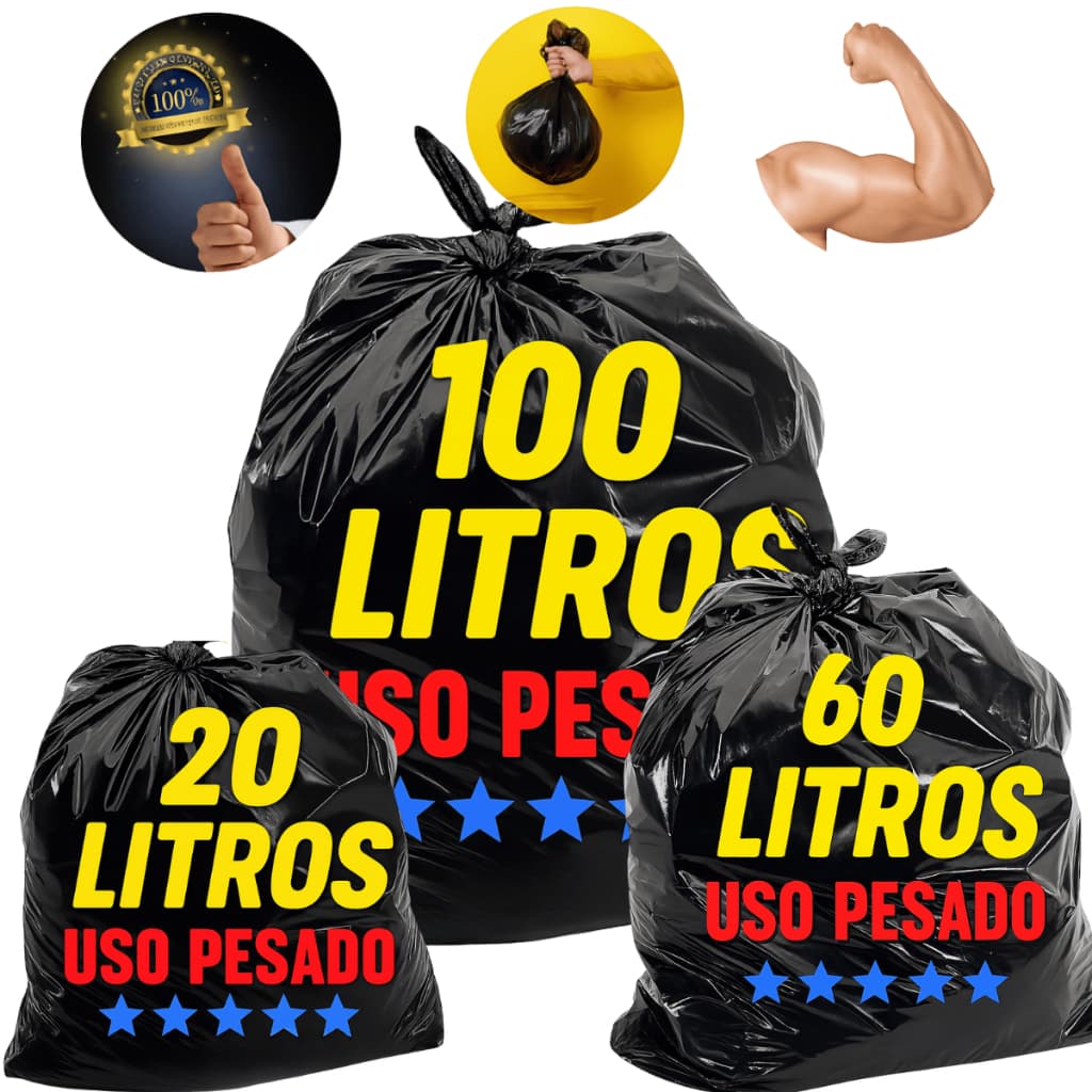 Kit Saco de Lixo 20LT/40LT/60LT/100LT Resistente Preto Lixeira Reforçado 50 Unidades